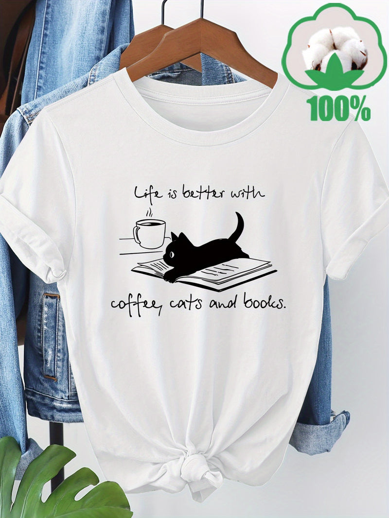 Women’s T-Shirt with a Coffee, Cat, And Book Pattern.