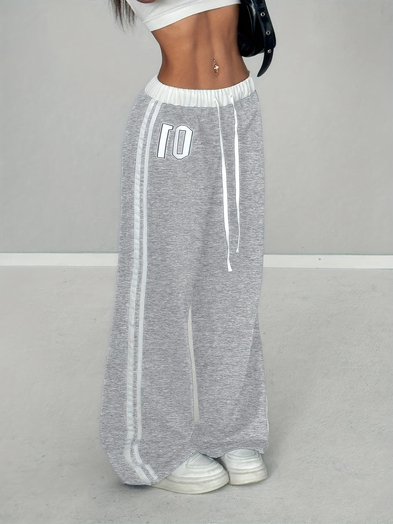 Women'S Color Block Number Print Belt Stitching Casual Street Loose Long Pants.