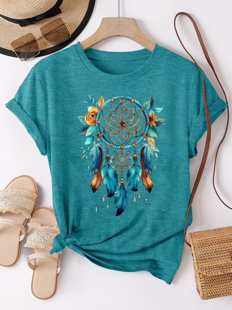 Women's Bohemian Dreamcatcher Floral Print T-Shirt.