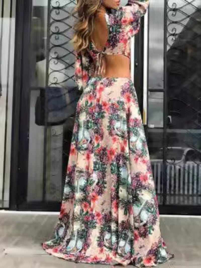 Women’s Sexy Backless V-neck Long-sleeved Dress.