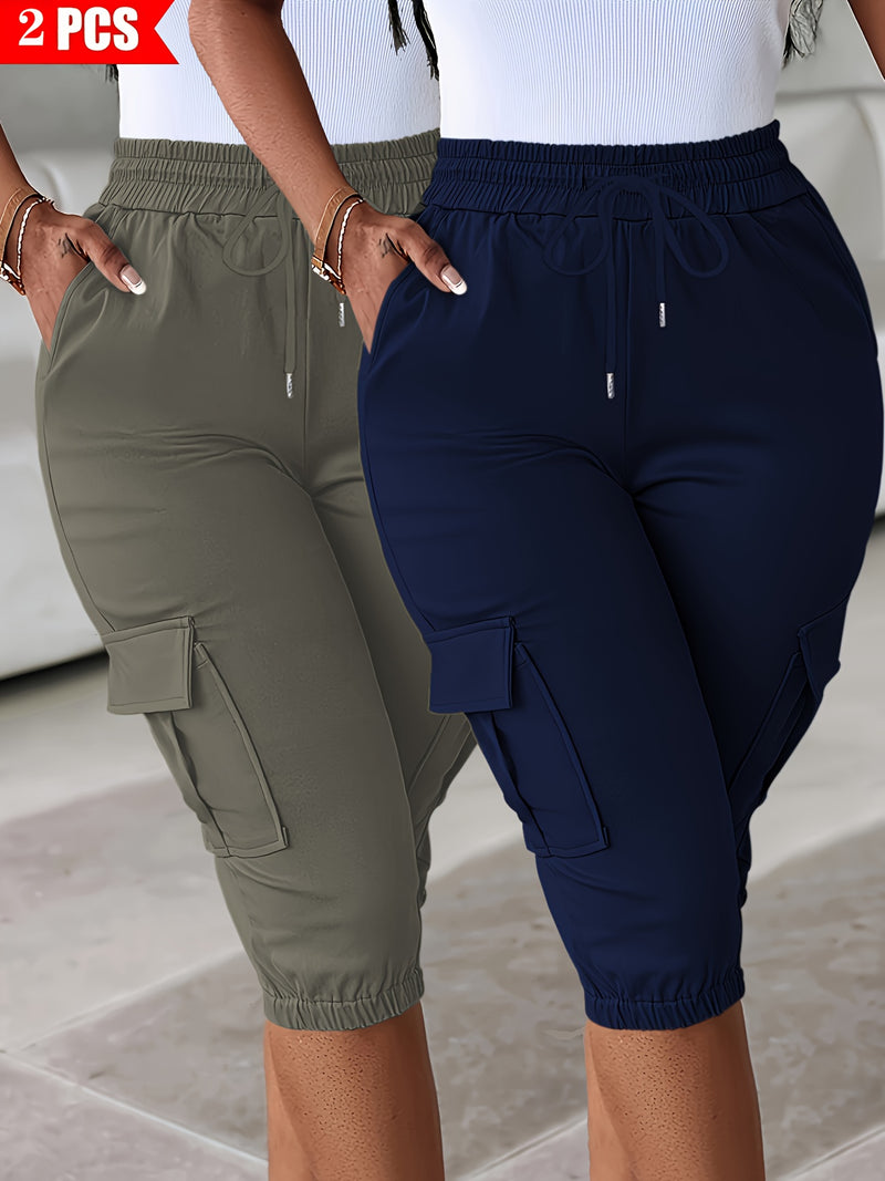 2pcs Women's Cargo Shorts Set Elastic Waist Fashionable Style.