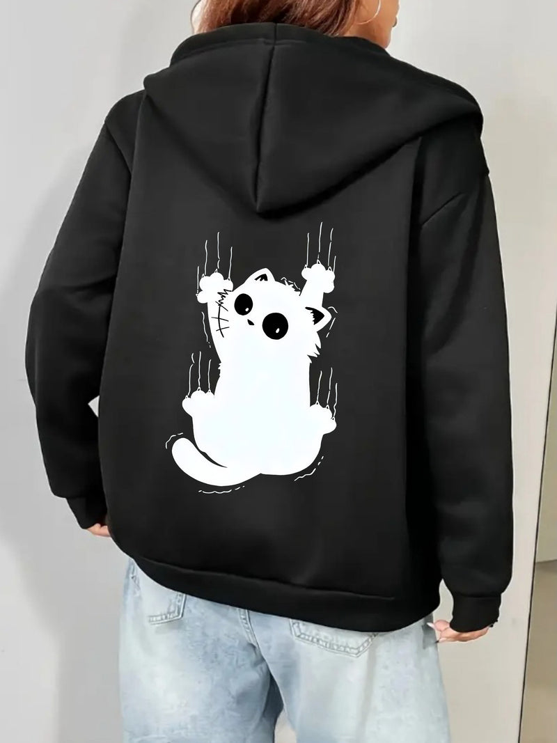 1pc Women's Casual Hooded Jacket with Cartoon Kitten Print.