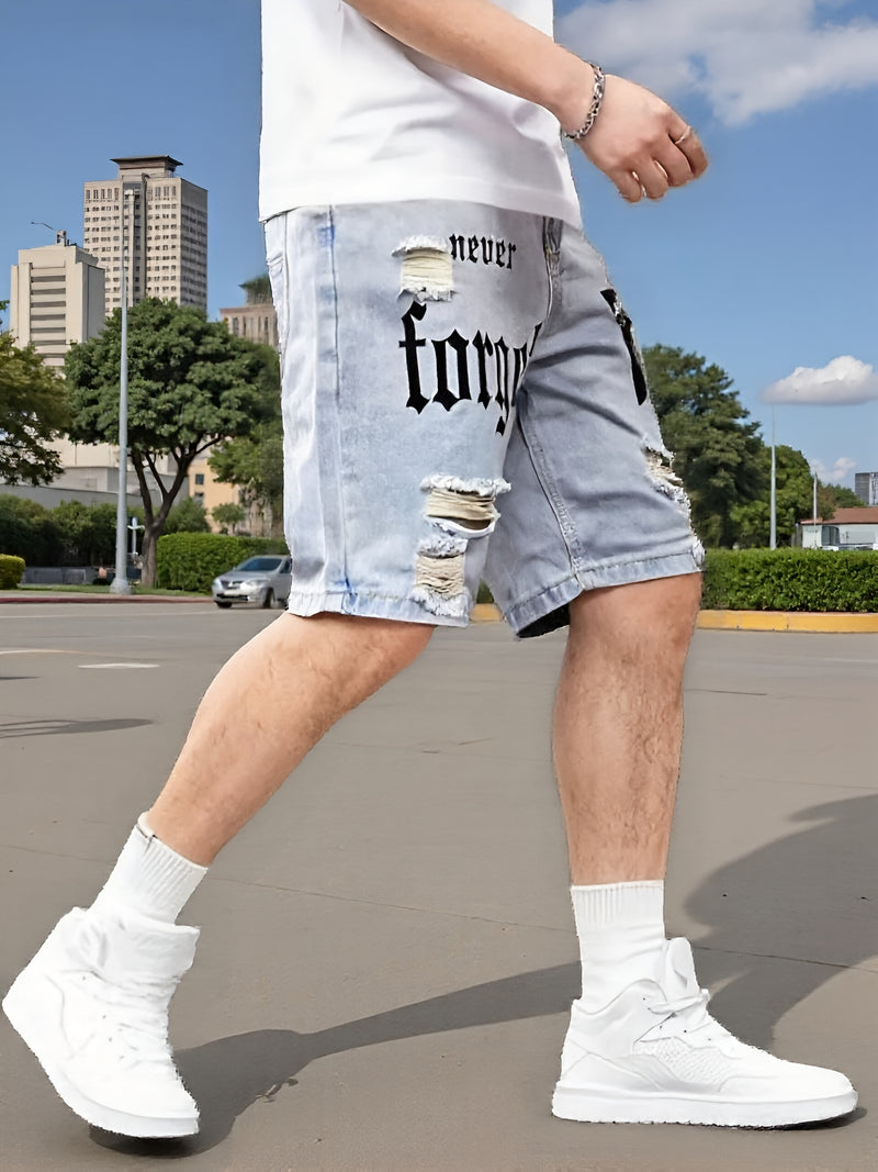 Men's Denim Shorts, Light Blue, Perforated Design, Printed, Loose Fit, Non Stretchy.