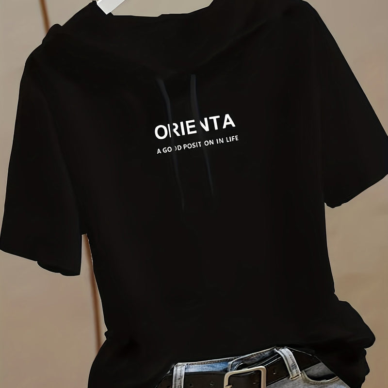 Summer New Korean Version Loose Short Sleeve Thin Trendy Printed Hooded T-Shirt for Women.