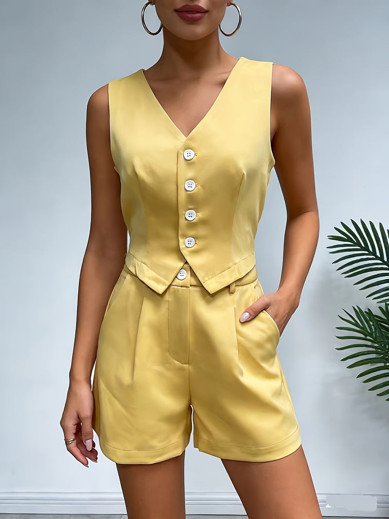 A Solid Color V-Neck Tank Top And Shorts Set for Women.