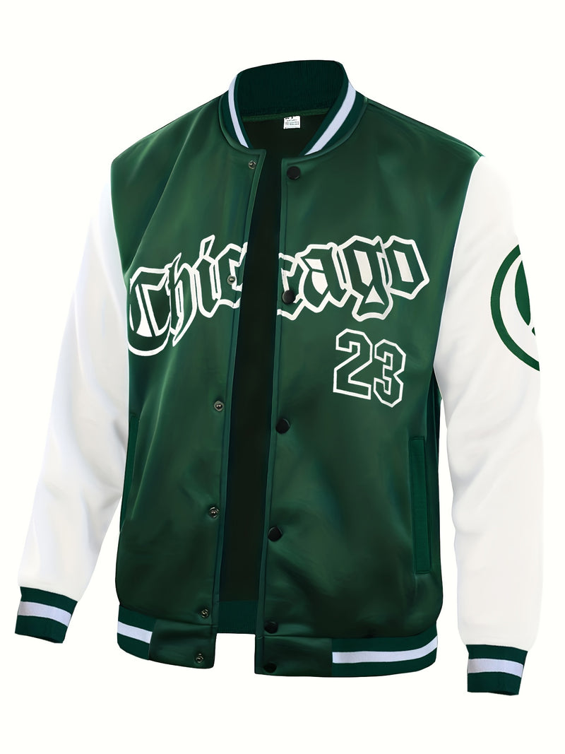 Men's Casual Letter Print Color Block Varsity Jacket, Baseball Jacket.