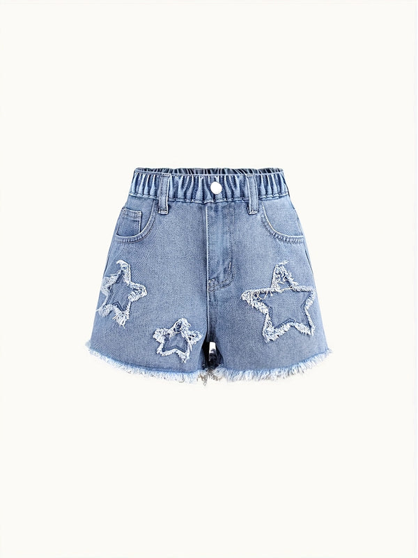 Girls' Denim Shorts - Spring/Summer New Arrival, Star Patch Design, Cute and Playful.