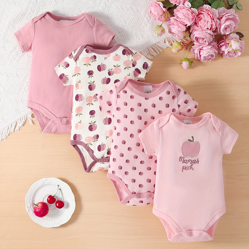 Girls' 4pcs Set of Triangle Bodysuits with Cute Patterns.