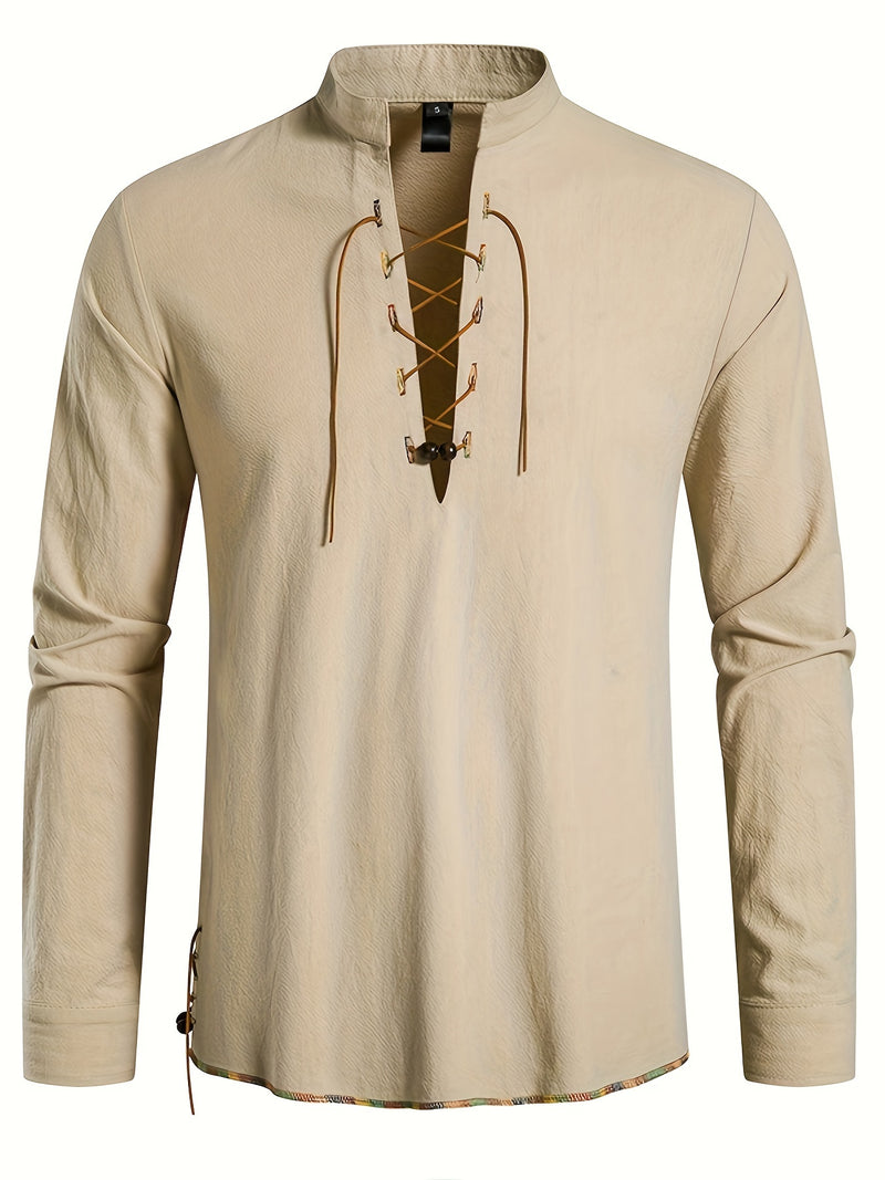 Men's Henley Shirt Long Sleeve Casual Beach Stand Collar Shirt.