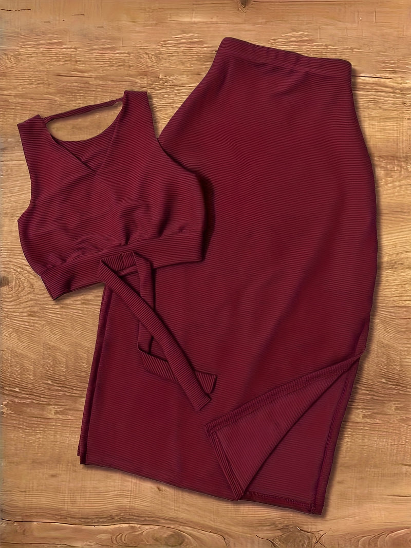 Women’s Sleeveless Top with a Slit Skirt Set.