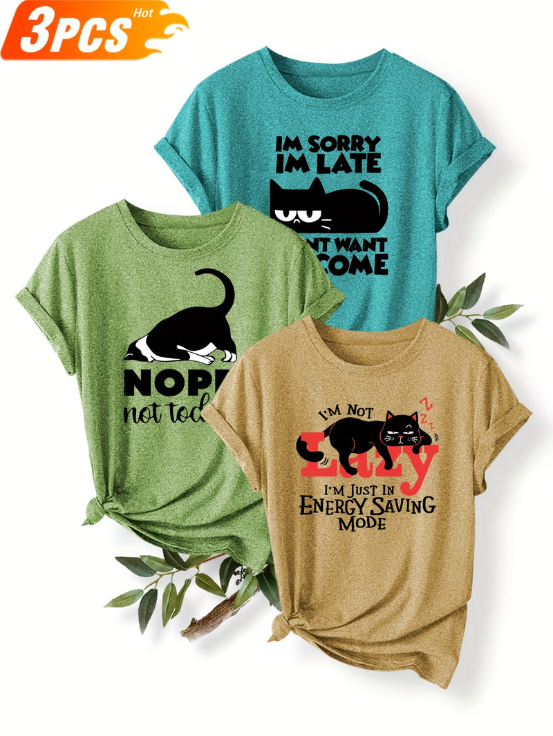 3pcs Women’s Featuring a Round-Neck Short-Sleeve T-Shirt.