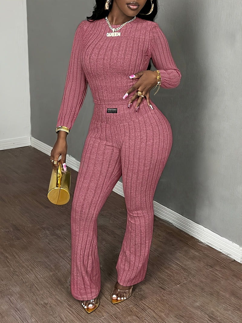 Women's Slim-Fit Round Neck Long-Sleeve T-Shirt and Vertical Stripe Pants.