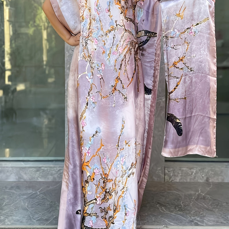 Women’s Floral Pattern Longline Dress, Elegant Short Sleeve Crew Neck Dress.