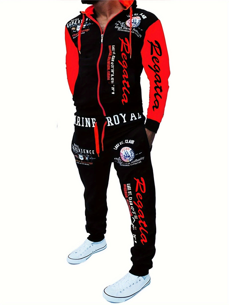 Men's Hooded Sweatshirt with Letter Print, Two-Piece Sports Running Outfit.