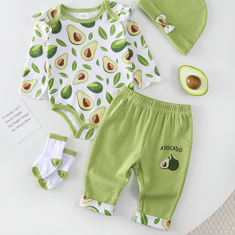 Baby Long-Sleeved Triangle Romper Pants Hat Socks Set.