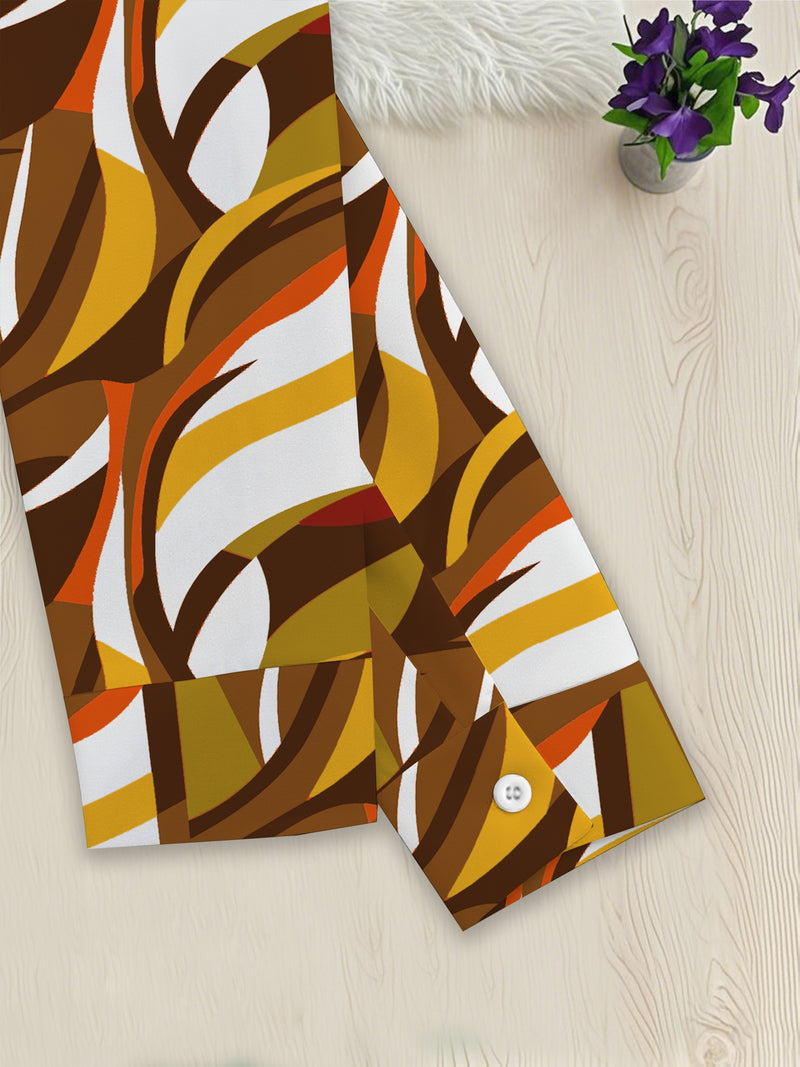 Women’s Two-Piece Set Featuring a Geometric Print Shirt And Solid Color Trousers.