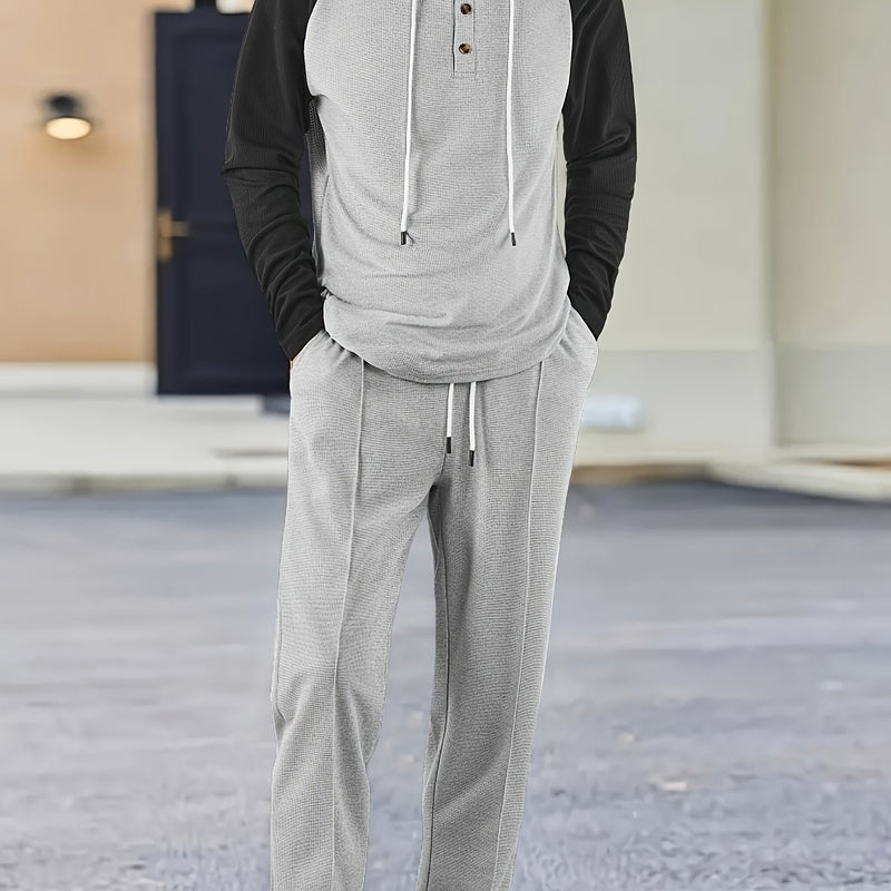 Men's Waffle 2pcs Hooded Sweatshirt Set Top Color Block.