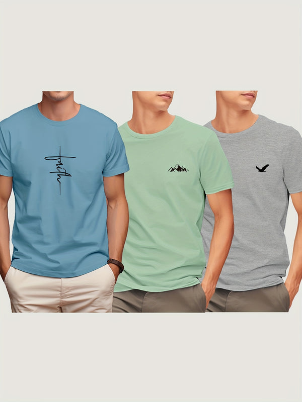 3pcs Cotton Men's Short Sleeve Printed T-Shirt.