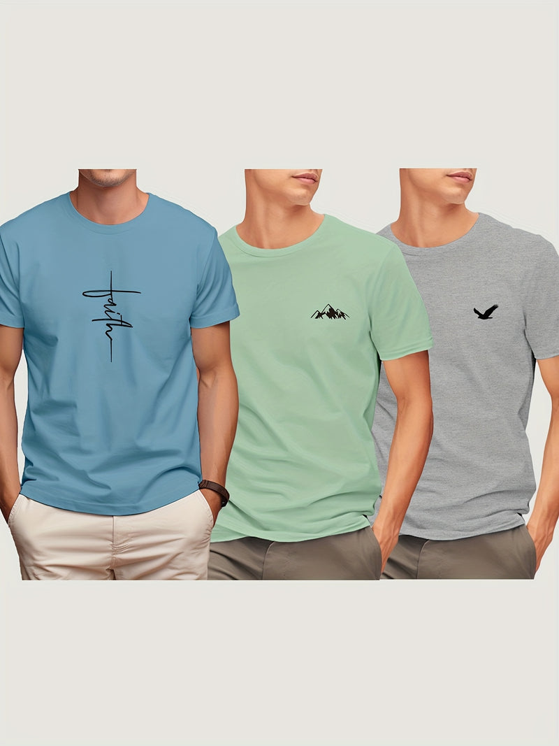 3pcs Cotton Men's Short Sleeve Printed T-Shirt.
