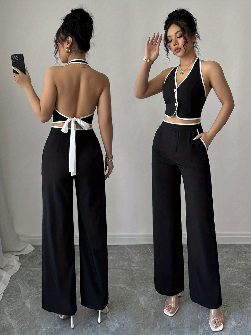 2pcs Women's Commuter Solid Color Short Sleeve Sleeveless Top and Pants.