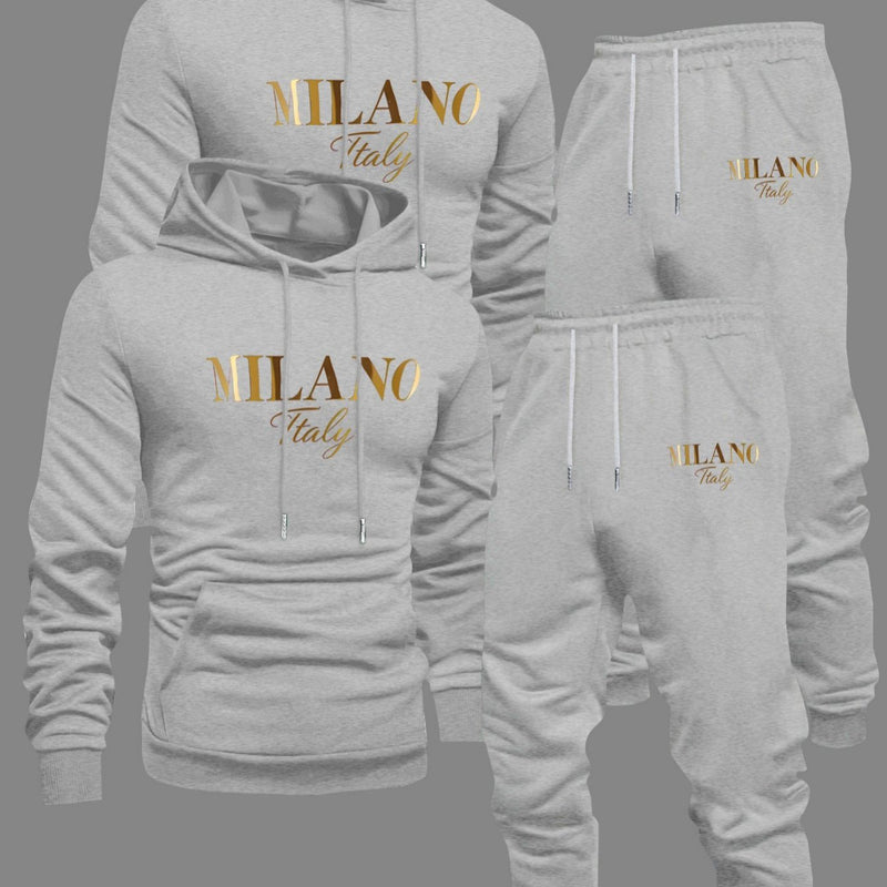 Men's Fashion Slogan Hoodie Four-Piece Set with Drawstring Elastic.