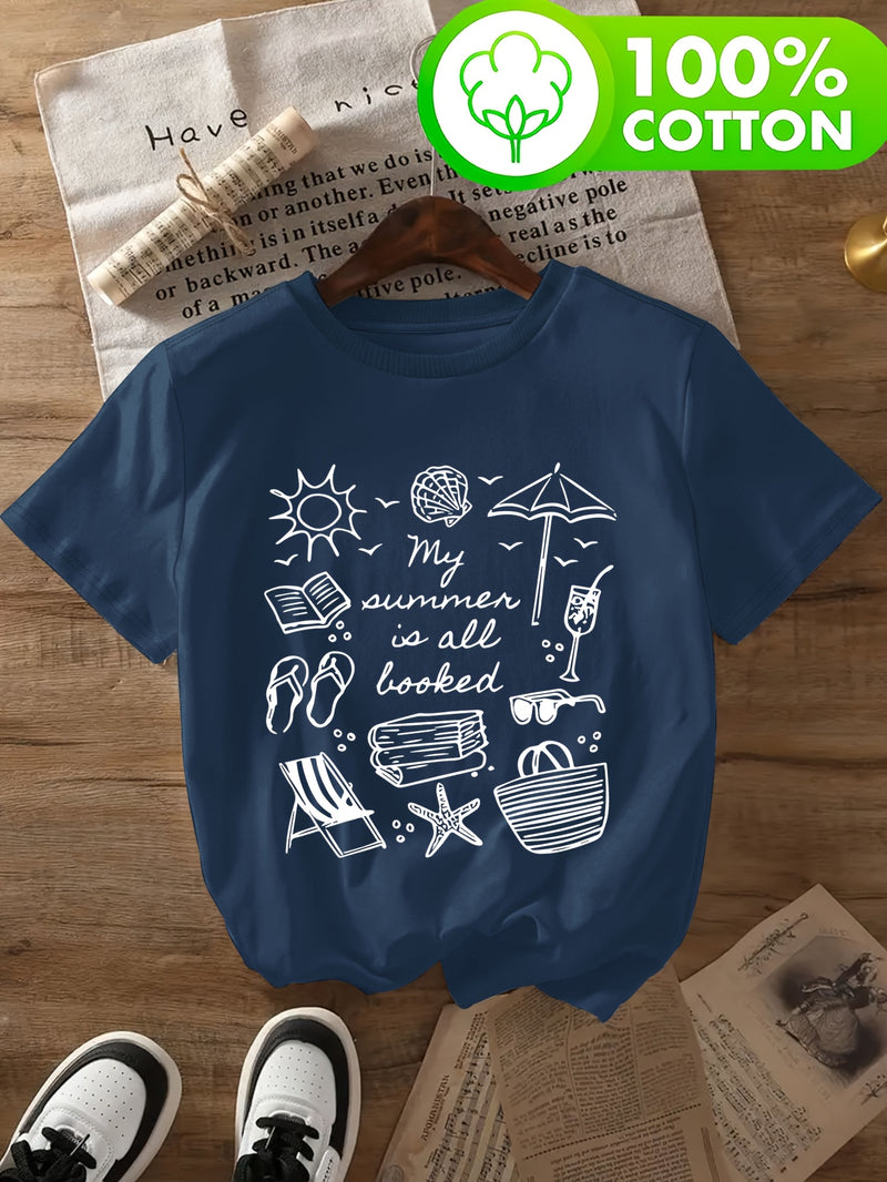 Women's Casual T-Shirt - Beach & Book Lovers Graphic Print.