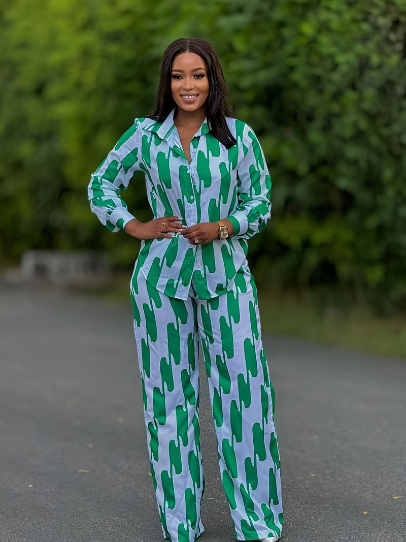 Women's Spring Summer Autumn Casual Button Long Sleeve Shirt Wide Leg Pants.