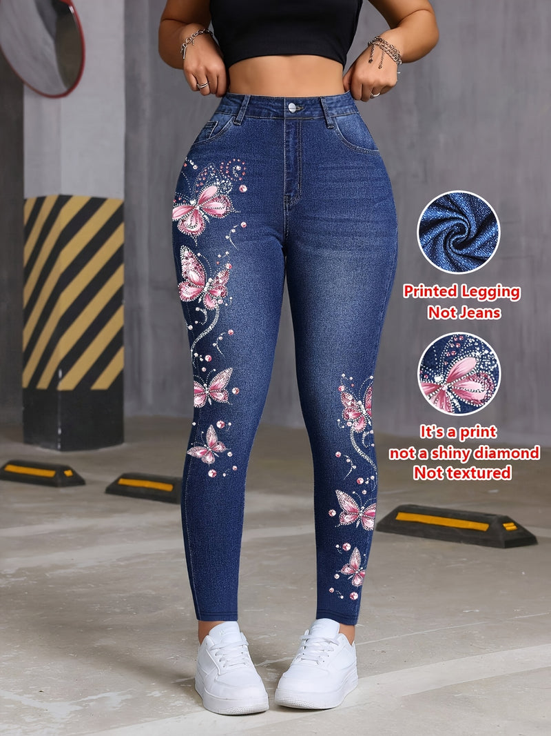 Women's Imitation Denim Leggings, Four Seasons Style, Jeans Print.