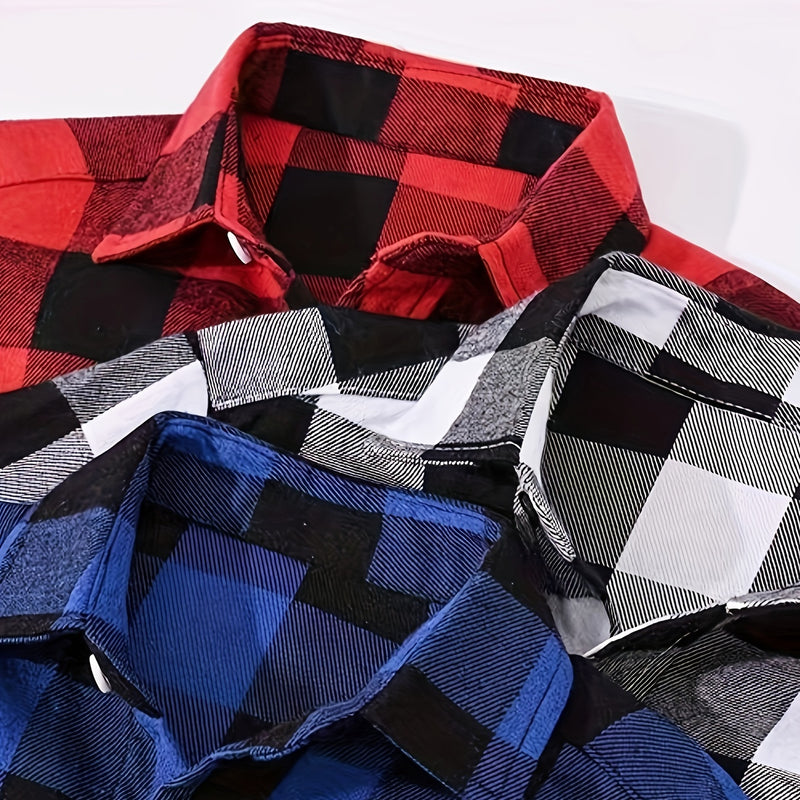 3pcs Men's Plaid Shirt Top with Turn- Collar Long Sleeve Button-Up.