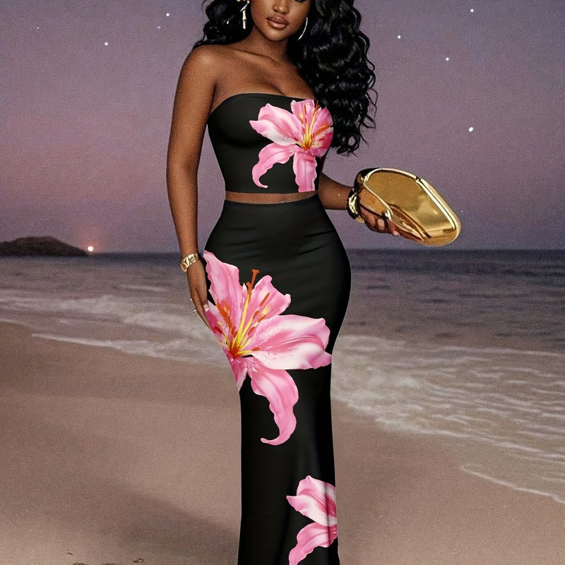 Black Powder Lily Floral Two-Piece Set Strapless Short Top+Extra Long Skirt.