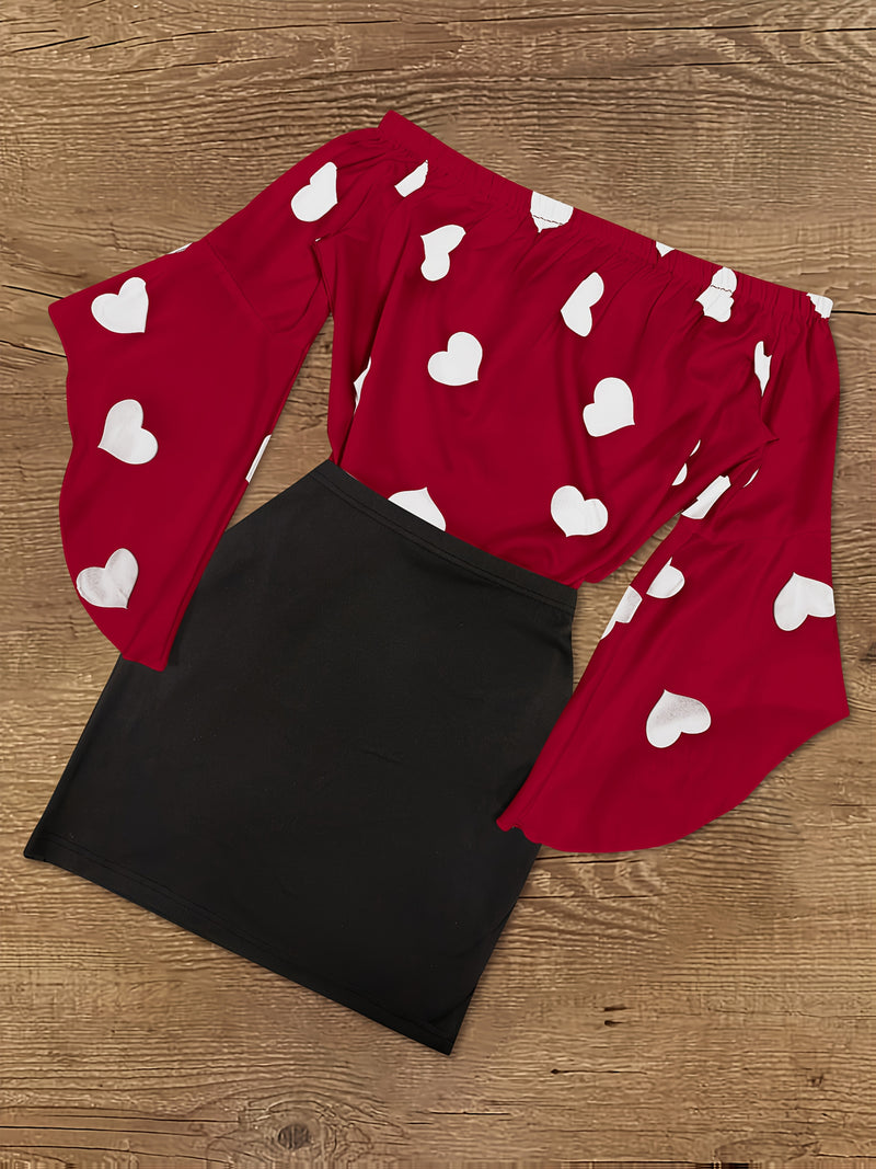 Women’s Featuring a Heart Print Off-Shoulder Top with Flared Sleeves And a Fitted Short.