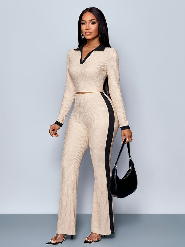 Women’s Elegant Two-Piece Chic Long Sleeve Collar Top & Contrast Trim Flared Pants.