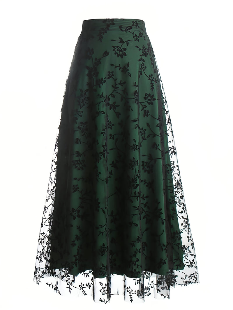 Elegant New High-Waisted Mesh Embroidered Skirt Loose A-Line Dress for Women.