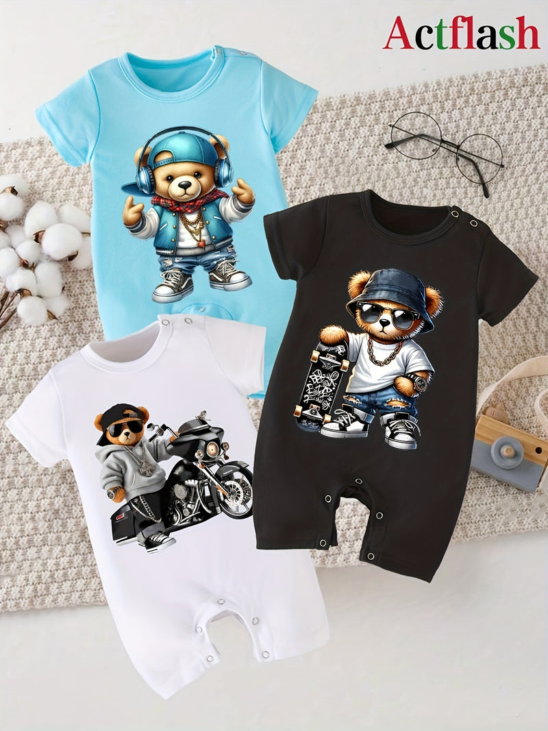 3pcs Cartoon Print Summer Short Sleeve Baby Romper Bodysuit.