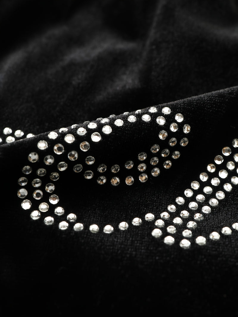 Women’s Black Rhinestone Decorated Hooded Zipper Top and Pocket Pants.