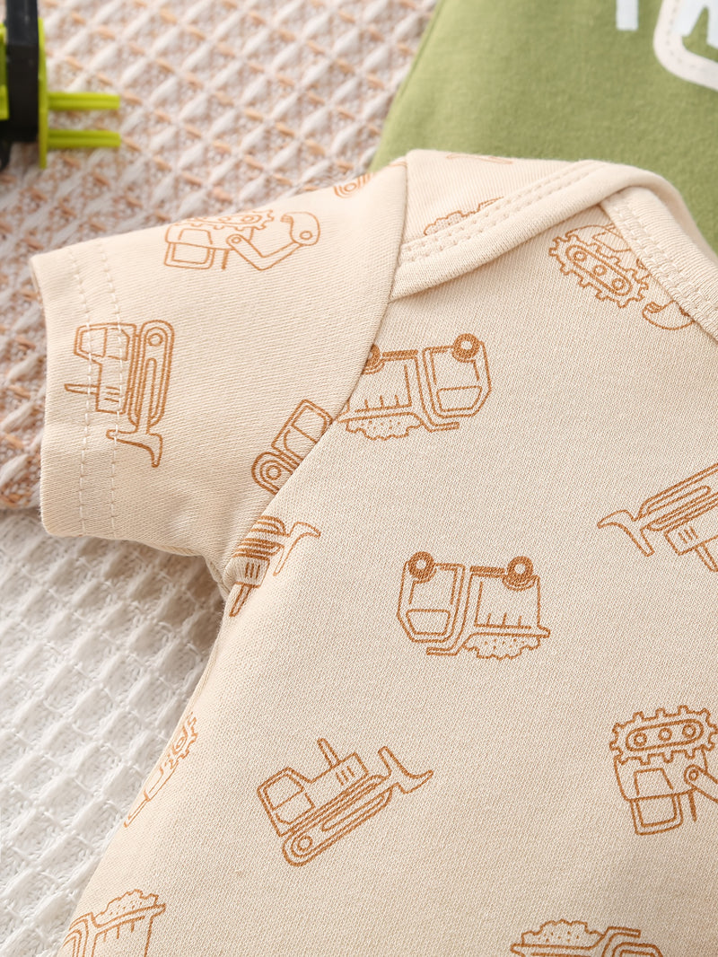 5pcs Boys Romper Set, Featuring a Stylish Cartoon Car Pattern.