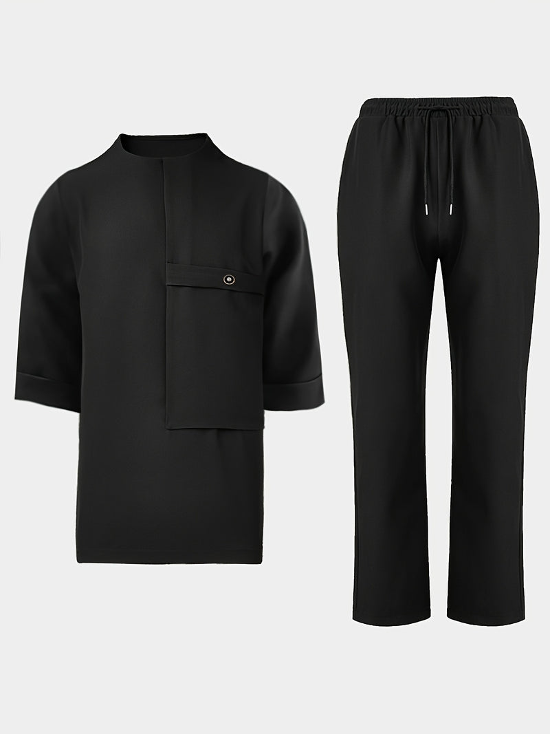 Men'S Suit, Short-Sleeved Top, Round Neck, Fake Pocket Design.