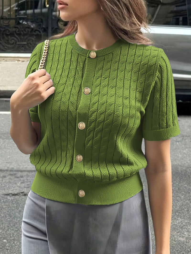 Women's Button-Front Solid Color Cable Blouse.