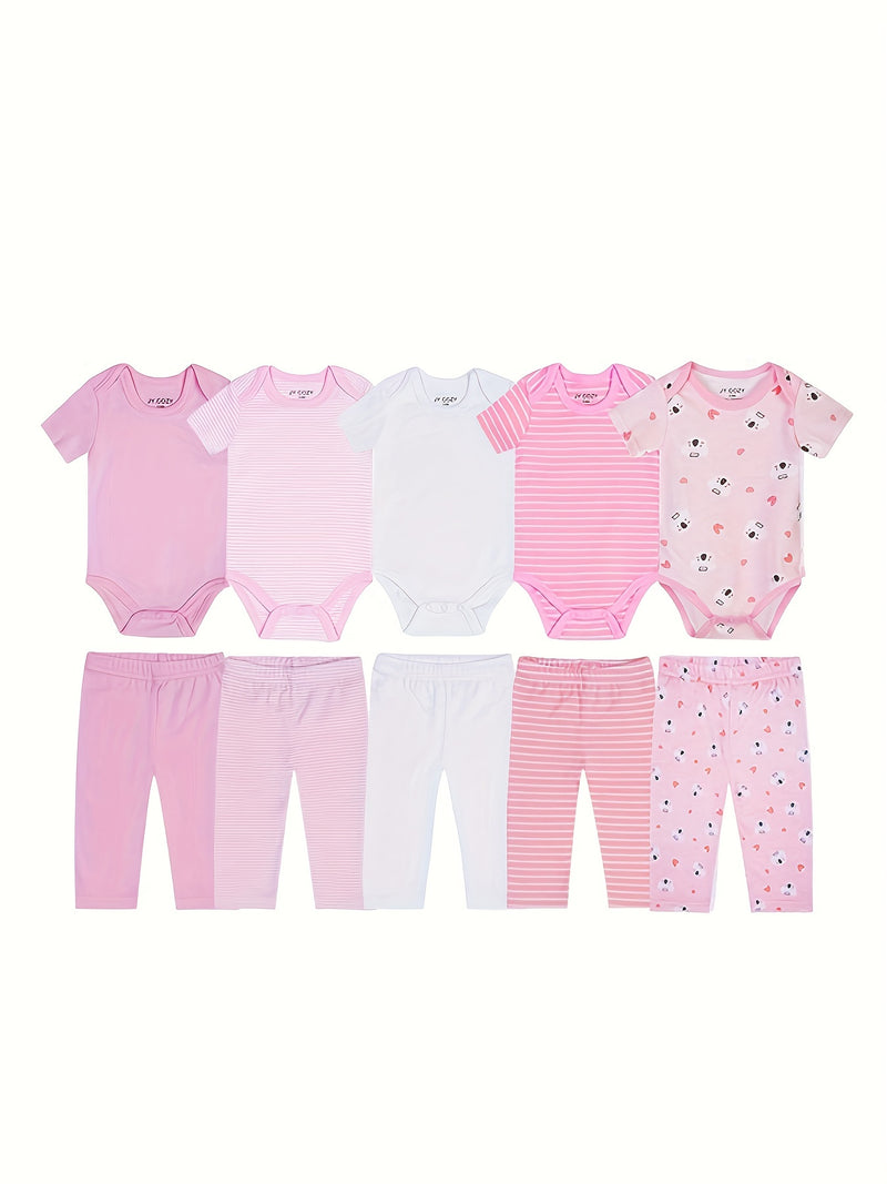 5pcs Baby Bodysuit Set with 5 Pairs of Newborn Pants, Girls Clothing Outfit.