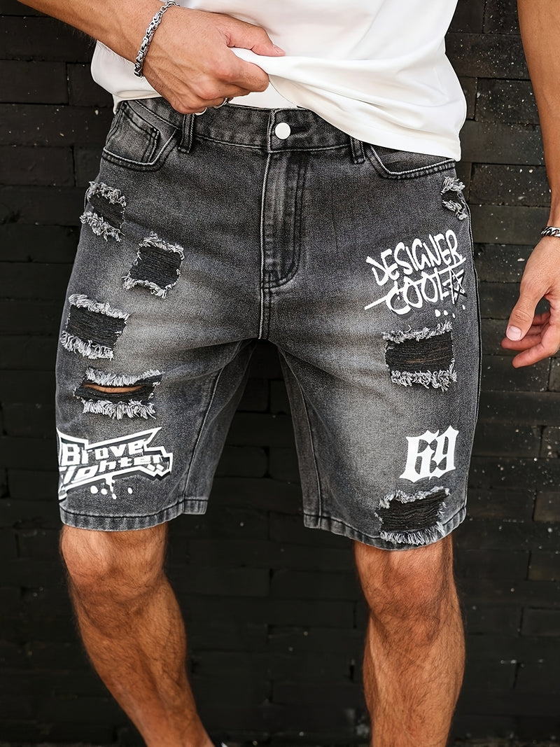Men'S Casual Distressed Denim Shorts with "DESIGNER COOL" Print - Black & Gray.