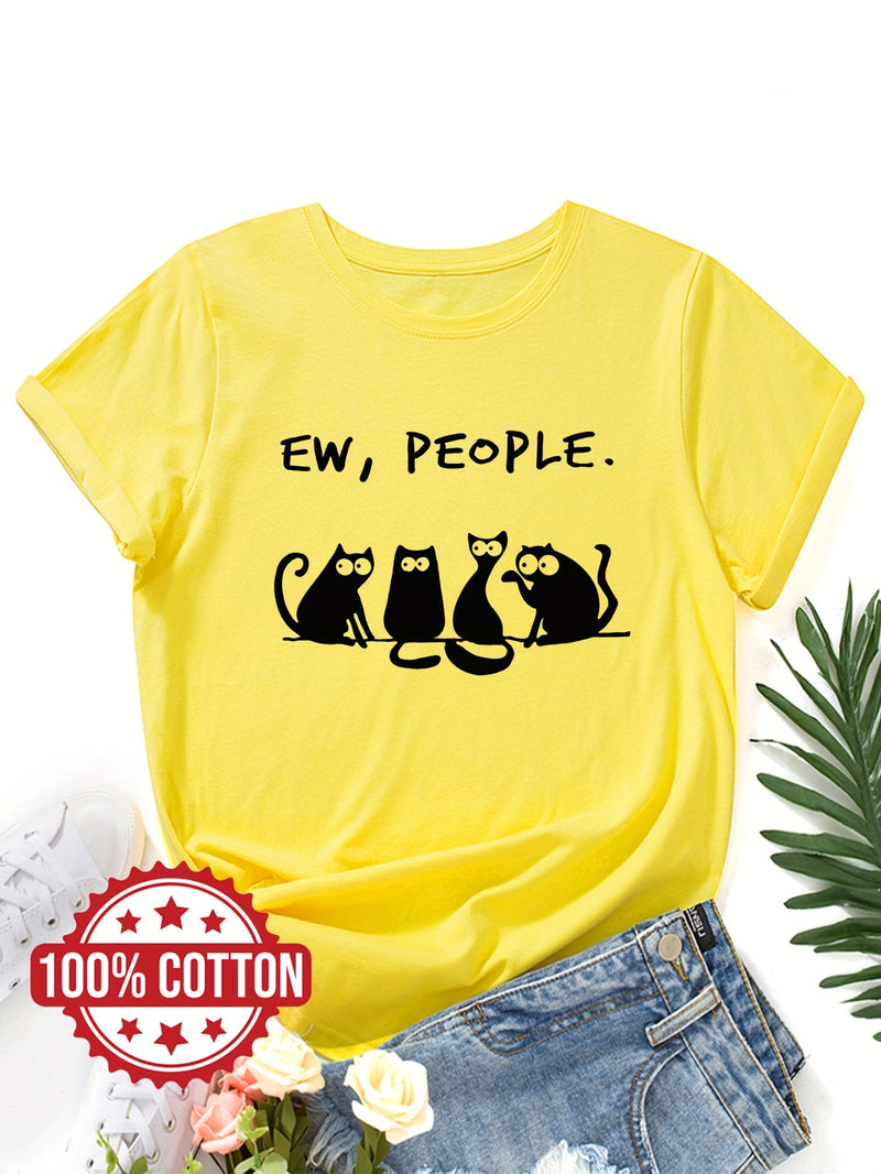 Women’s cat Print Ladies' T-shirt Casual Top for Summer & Spring.