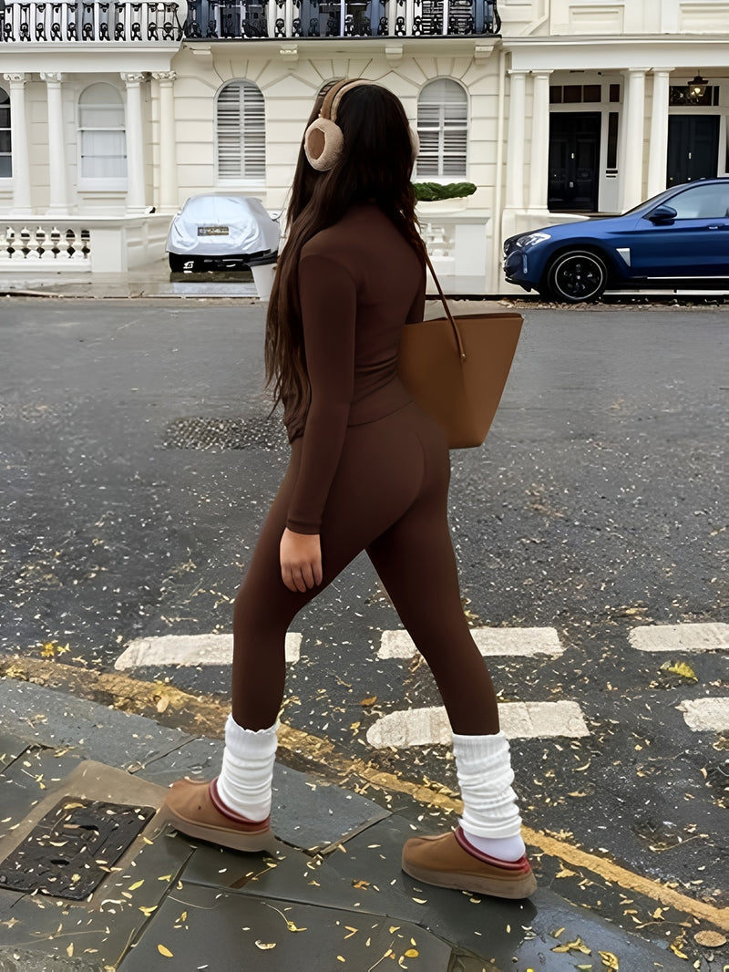 Women's Two-Piece Zippered Top Set, Ladies' Fashion Suit.