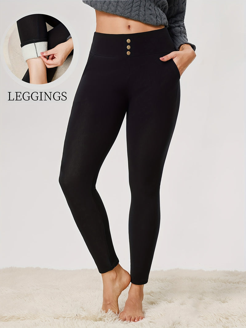 Women's High-Waisted Thermal Leggings with Button Pockets.