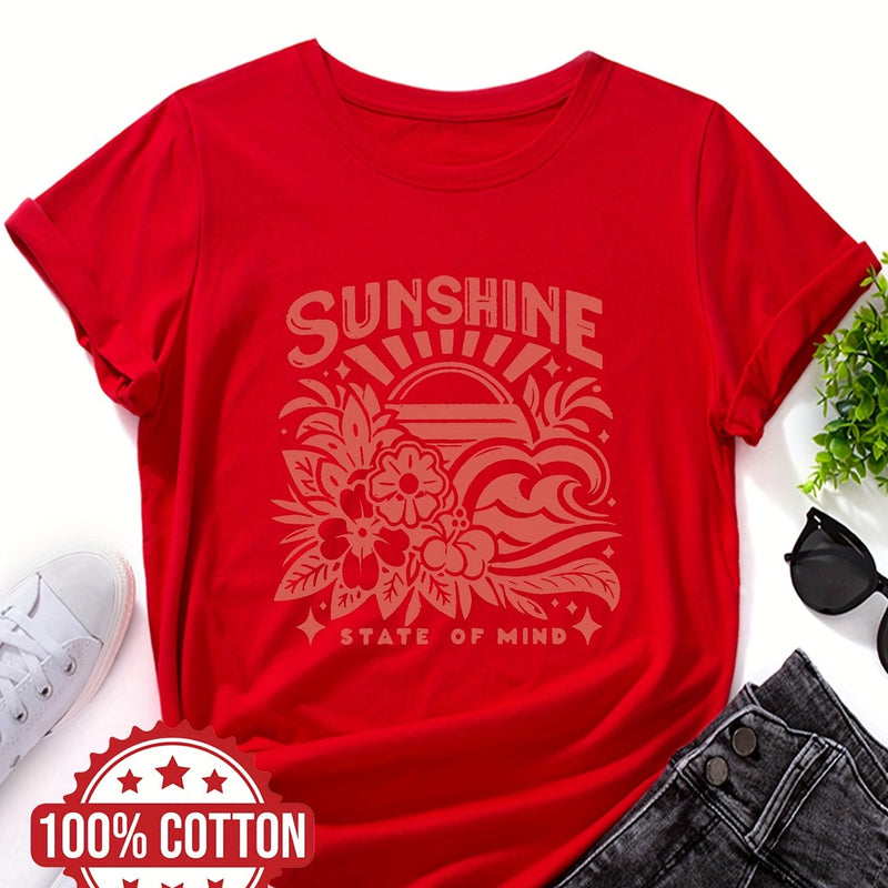 Women's Casual Crew Neck T-Shirt with "SUNSHINE" Graphic Print.