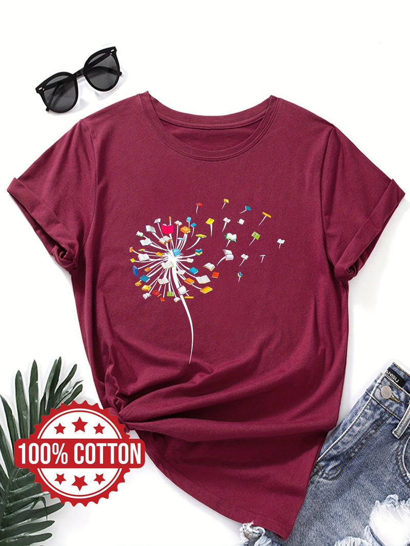 Women's "Dandelions and Books" Graphic T-Shirt.