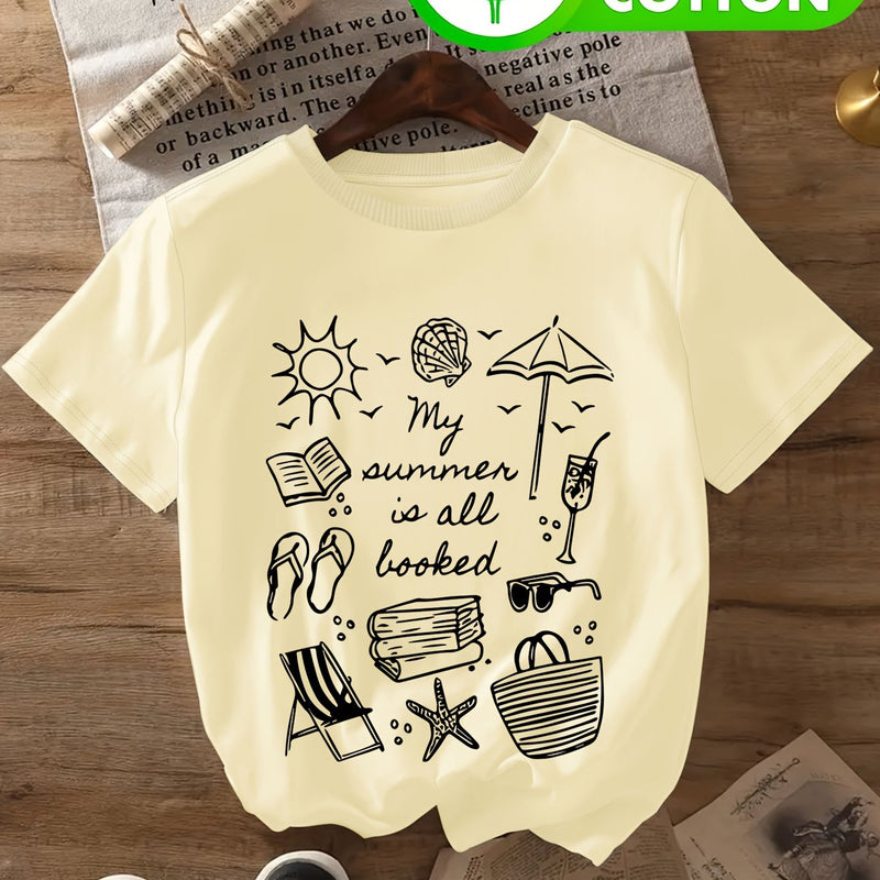 Women's Casual T-Shirt - Beach & Book Lovers Graphic Print.