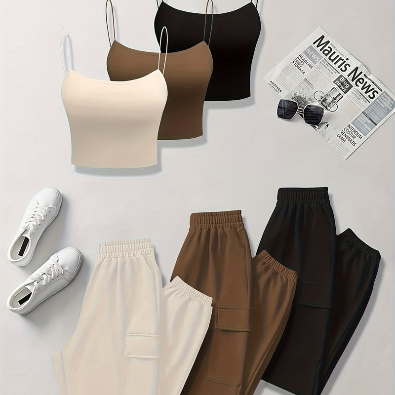 6pcs Women's Casual Short Camisole And Elastic Waist Pocket Work Pants.