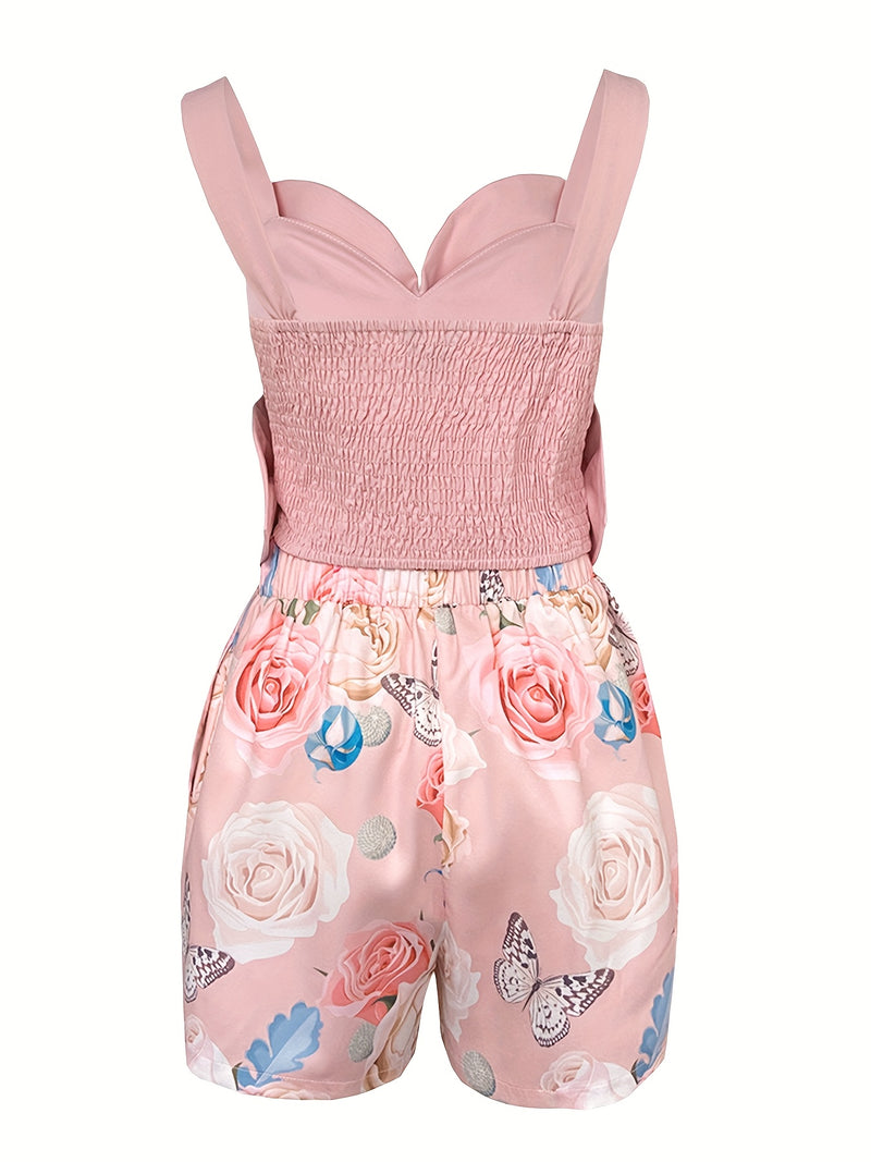Women’s Solid Color Top with 3D Floral Rhinestones And Printed Shorts Two-Piece.