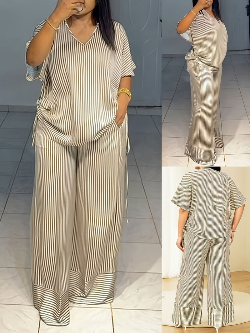 Women's New Casual Loose V-Neck Striped Short Sleeve Top and Wide Leg Pants.