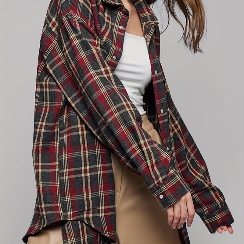 Spring Plaid Long-sleeve Pocket Women's Blouse.